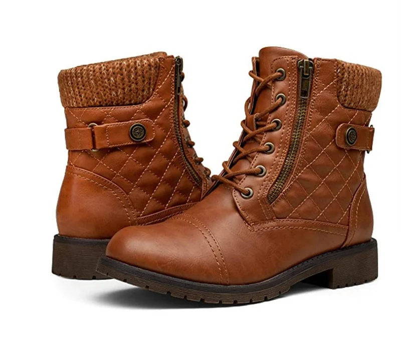 Damen Combat-Boots mit gesteppter Knöchelmanschette, Strickkragen und seitlichem Reißverschluss Drune