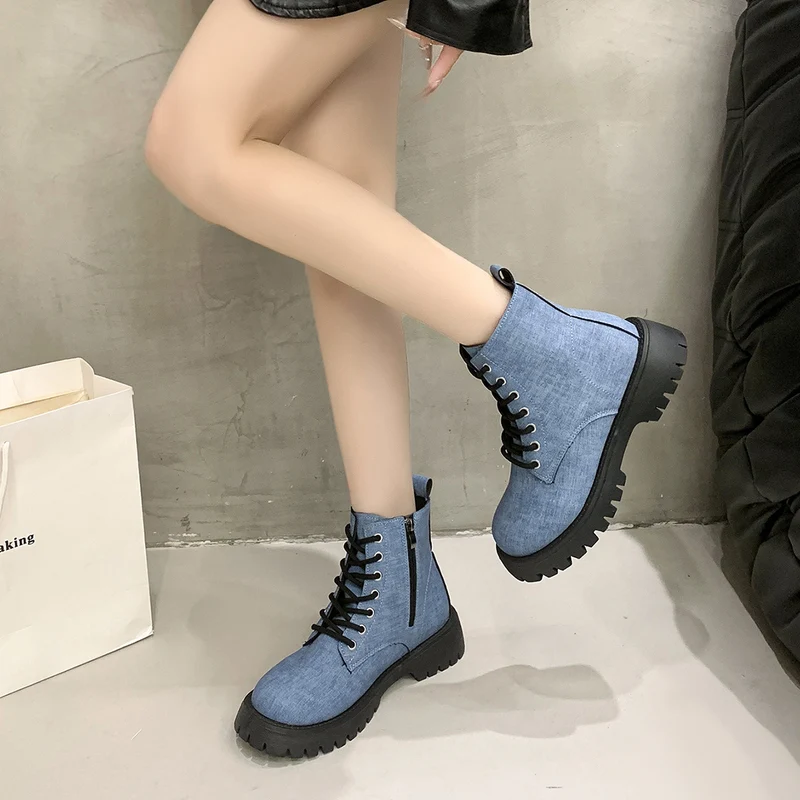 Damen Chunky Combat-Ankleboots aus Denimoptik mit robust profilierter Sohle und seitlichem Reißverschluss Drune