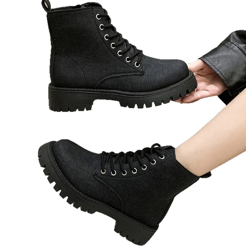 Damen Chunky Combat-Ankleboots aus Denimoptik mit robust profilierter Sohle und seitlichem Reißverschluss Drune