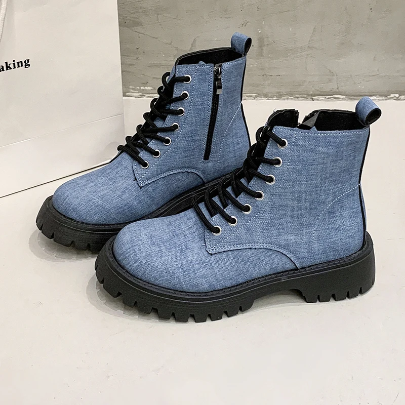 Damen Chunky Combat-Ankleboots aus Denimoptik mit robust profilierter Sohle und seitlichem Reißverschluss Drune