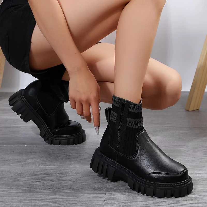 Damen Chunky Chelsea‑Boots mit Strickschaft, Reißverschluss und grober Lug‑Sohle Drune