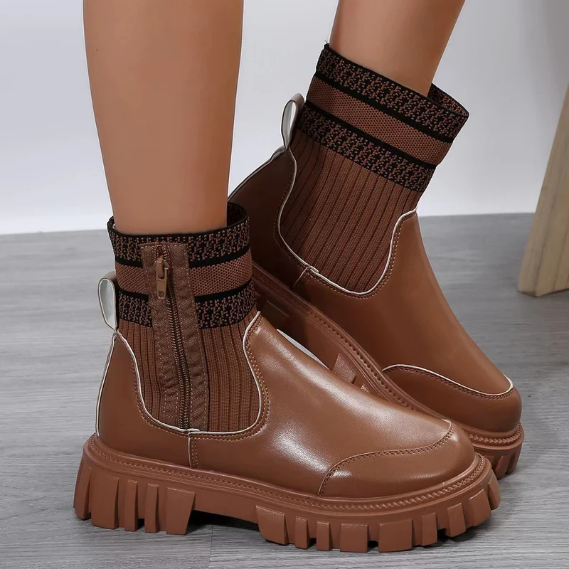 Damen Chunky Chelsea‑Boots mit Strickschaft, Reißverschluss und grober Lug‑Sohle Drune