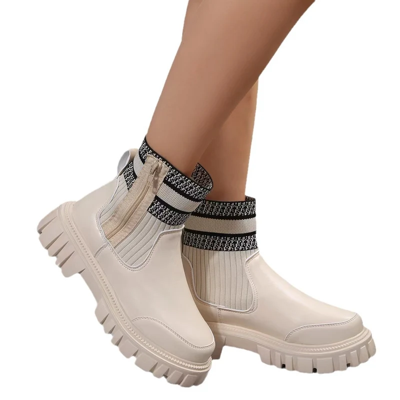 Damen Chunky Chelsea‑Boots mit Strickschaft, Reißverschluss und grober Lug‑Sohle Drune