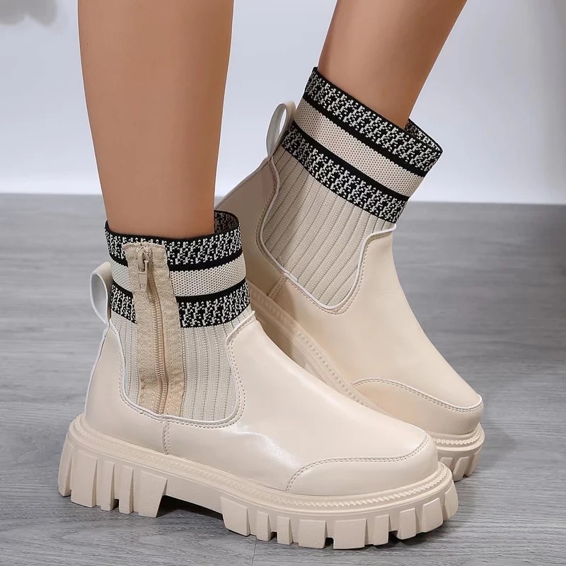 Damen Chunky Chelsea‑Boots mit Strickschaft, Reißverschluss und grober Lug‑Sohle Drune
