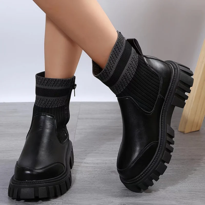 Damen Chunky Chelsea‑Boots mit Strickschaft, Reißverschluss und grober Lug‑Sohle Drune