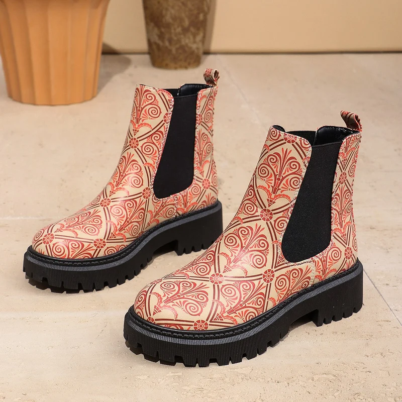 Damen Chunky Chelsea‑Boots mit buntem geometrischem Patchwork und markanter Lug‑Sohle Drune