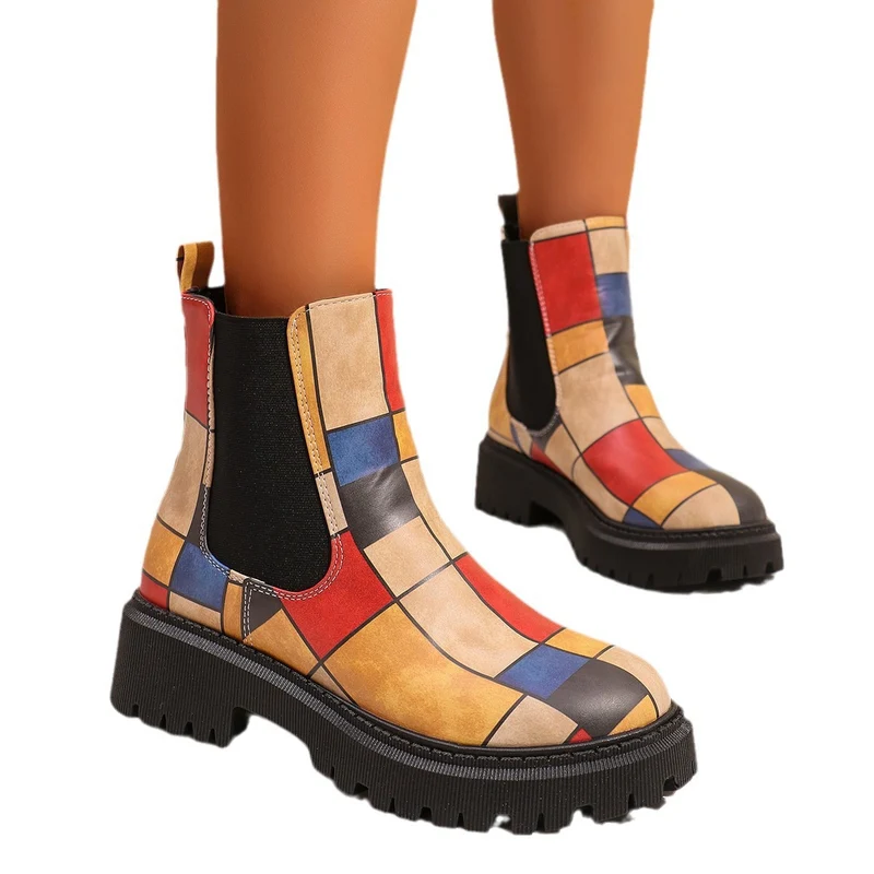 Damen Chunky Chelsea‑Boots mit buntem geometrischem Patchwork und markanter Lug‑Sohle Drune