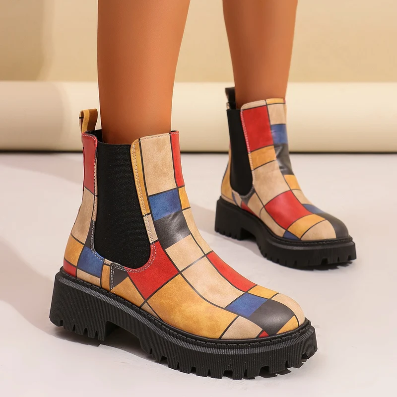 Damen Chunky Chelsea‑Boots mit buntem geometrischem Patchwork und markanter Lug‑Sohle Drune