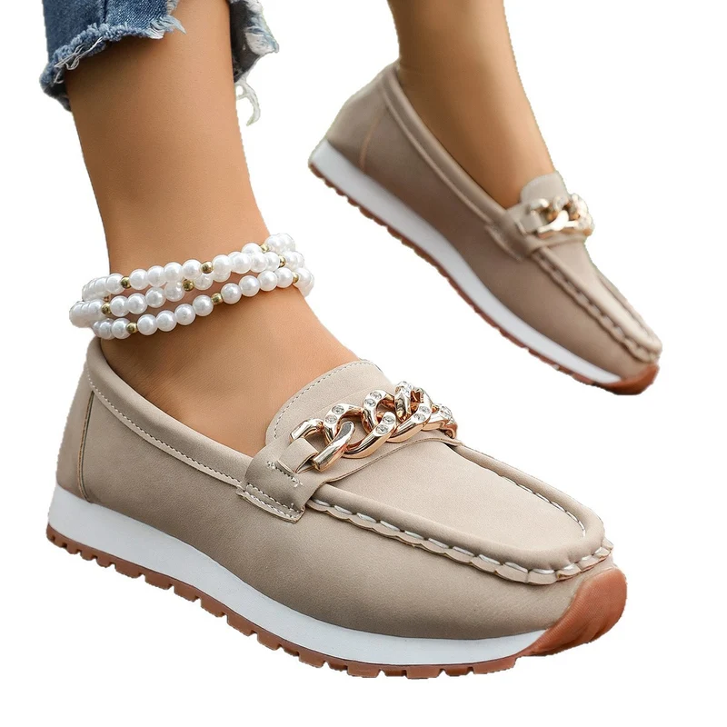 Damen Casual-Plateau-Loafer im Mokassin-Stil mit glitzernder Kettendekor und profilierter Gummisohle Drune