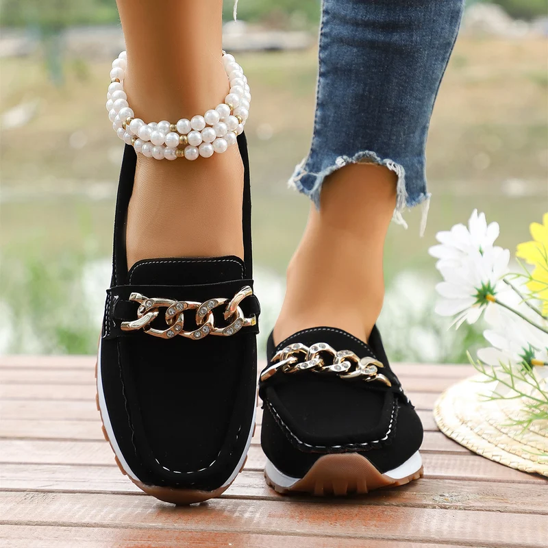 Damen Casual-Plateau-Loafer im Mokassin-Stil mit glitzernder Kettendekor und profilierter Gummisohle Drune