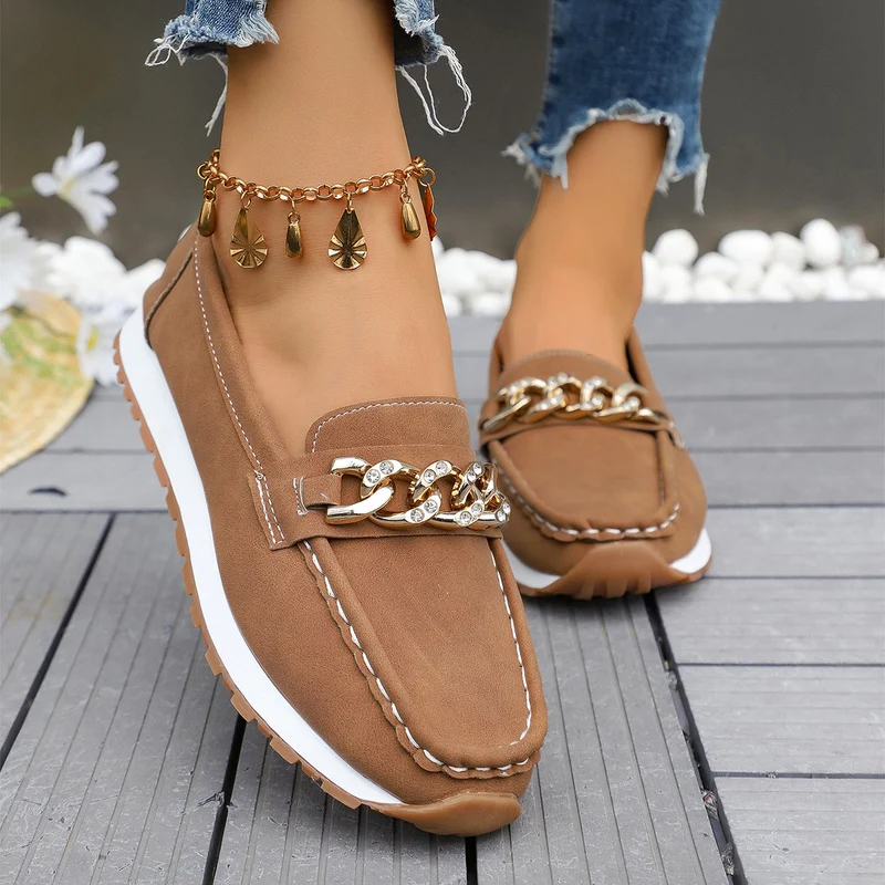 Damen Casual-Plateau-Loafer im Mokassin-Stil mit glitzernder Kettendekor und profilierter Gummisohle Drune