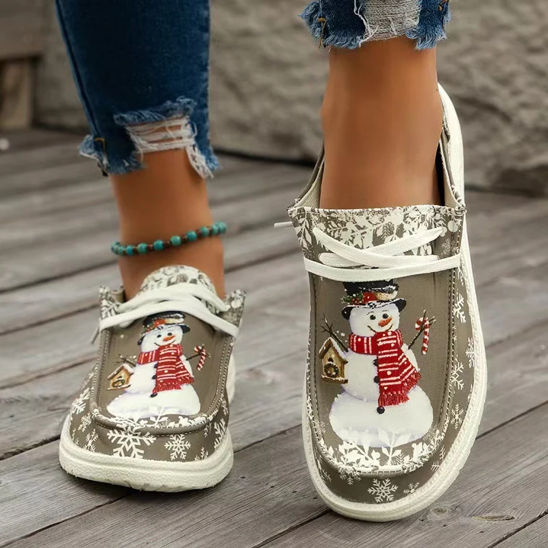 Damen Canvas‑Sneaker mit festlichem Schneemann‑Print, gepolstertem Komfortfußbett und rutschfester Gummisohle Drune