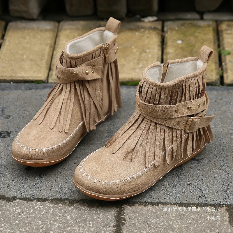 Damen Boho-Fransen-Ankleboots im Mokassinstil mit Nietenbesatz und Zierschnalle Drune