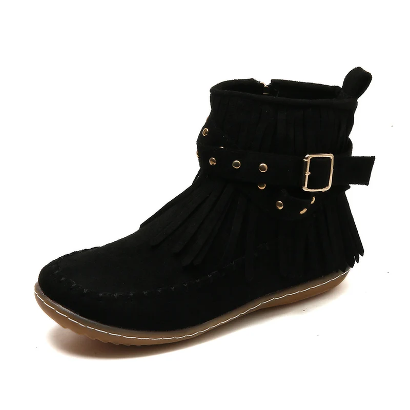 Damen Boho-Fransen-Ankleboots im Mokassinstil mit Nietenbesatz und Zierschnalle Drune