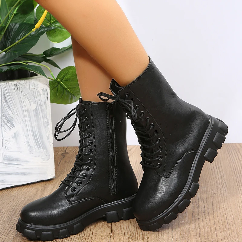Damen Biker-Combat Plateaustiefel mit massiver Profilsohle und seitlichem Reißverschluss Drune