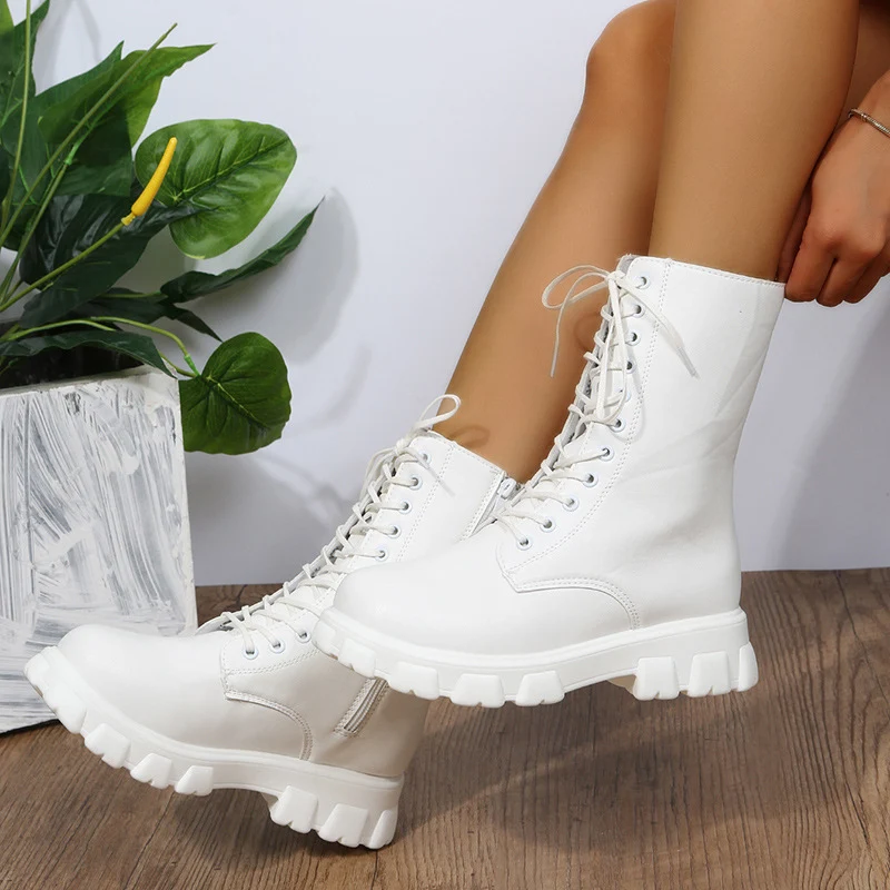 Damen Biker-Combat Plateaustiefel mit massiver Profilsohle und seitlichem Reißverschluss Drune