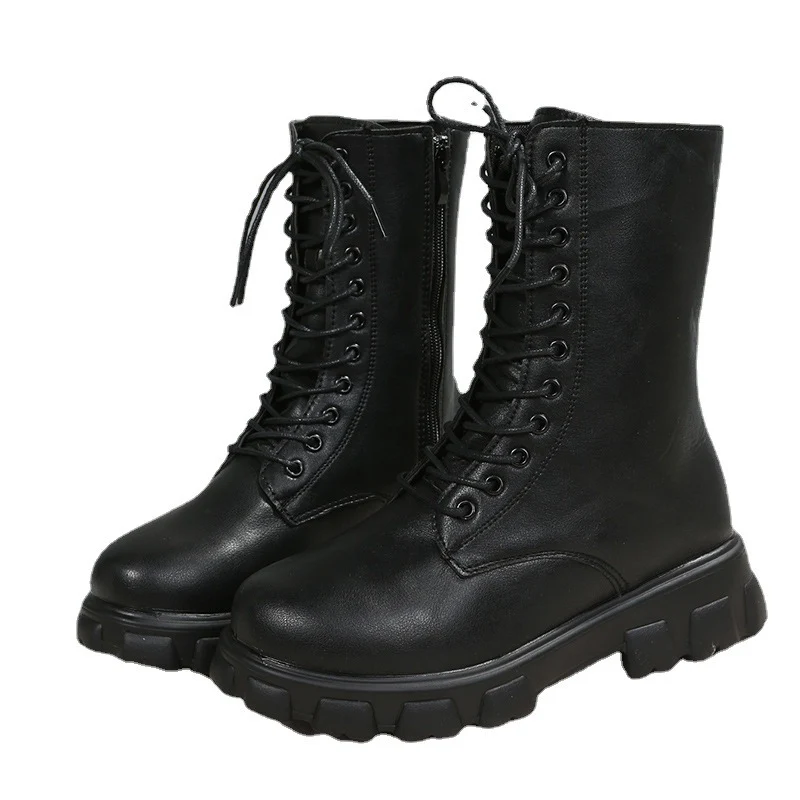 Damen Biker-Combat Plateaustiefel mit massiver Profilsohle und seitlichem Reißverschluss Drune