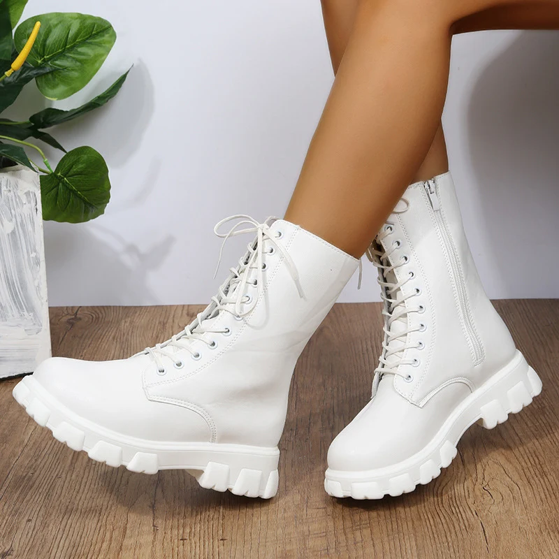 Damen Biker-Combat Plateaustiefel mit massiver Profilsohle und seitlichem Reißverschluss Drune