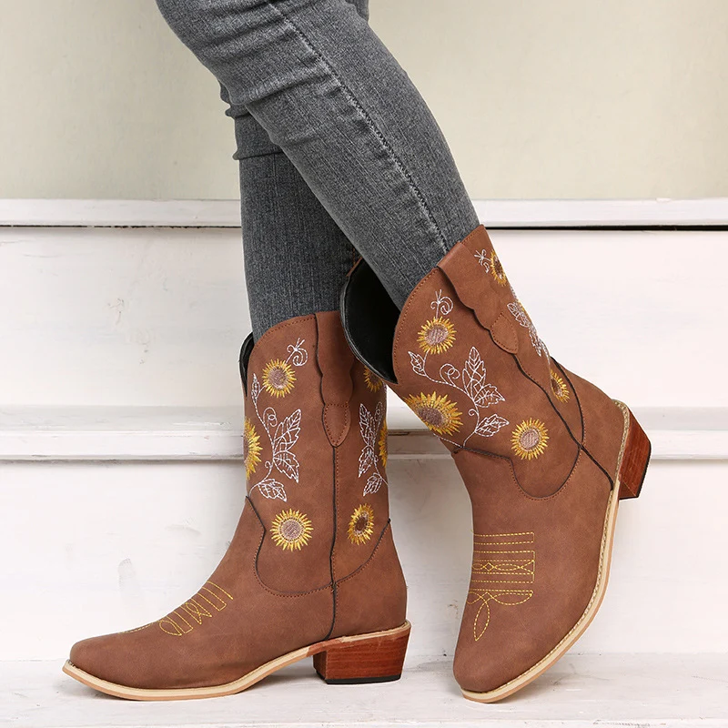 Damen Bestickte Western‑Stiefel mit Sonnenblumenmotiv und mittlerem Blockabsatz Drune