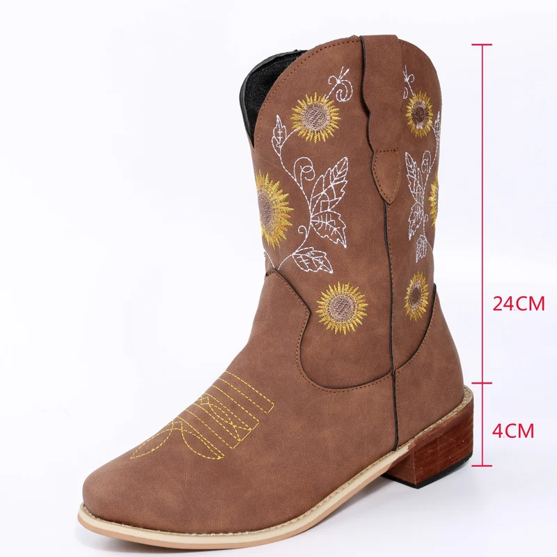 Damen Bestickte Western‑Stiefel mit Sonnenblumenmotiv und mittlerem Blockabsatz Drune