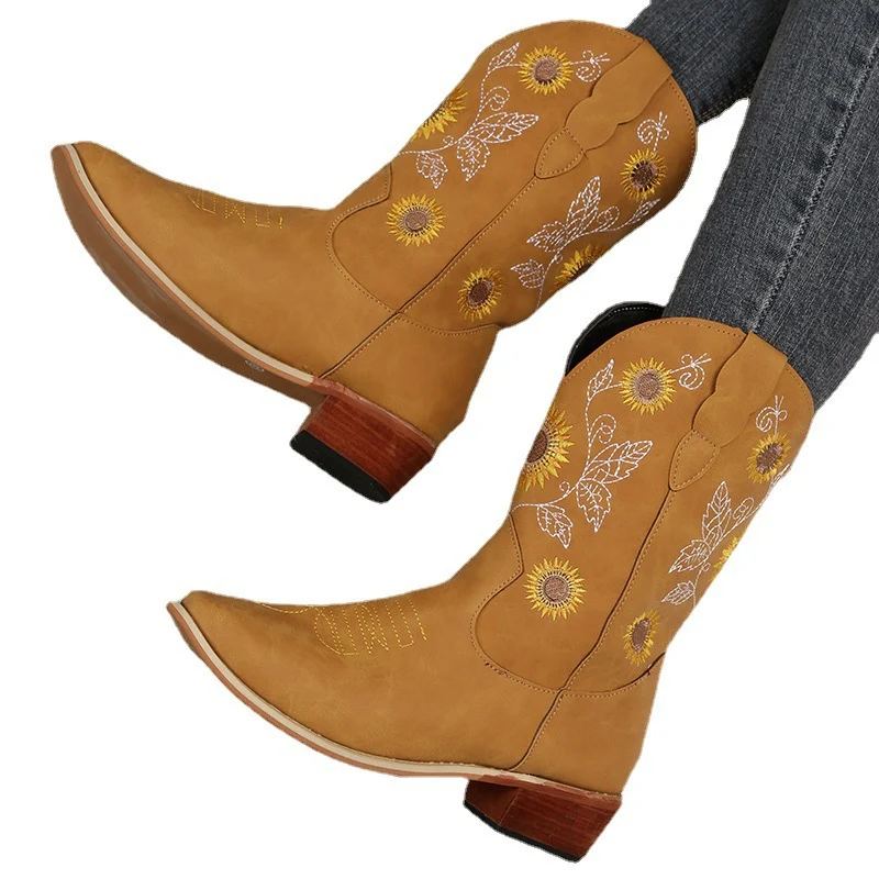 Damen Bestickte Western‑Stiefel mit Sonnenblumenmotiv und mittlerem Blockabsatz Drune