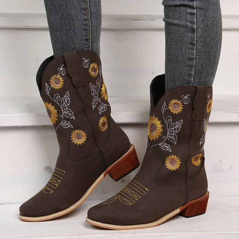 Damen Bestickte Western‑Stiefel mit Sonnenblumenmotiv und mittlerem Blockabsatz Drune