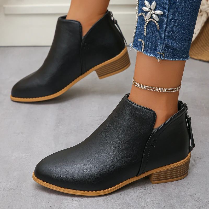 Damen Ankle-Boots mit hinterem Reißverschluss, schlanker Spitze und niedrigem Blockabsatz Drune