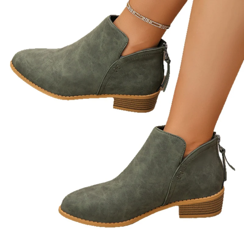 Damen Ankle-Boots mit hinterem Reißverschluss, schlanker Spitze und niedrigem Blockabsatz Drune