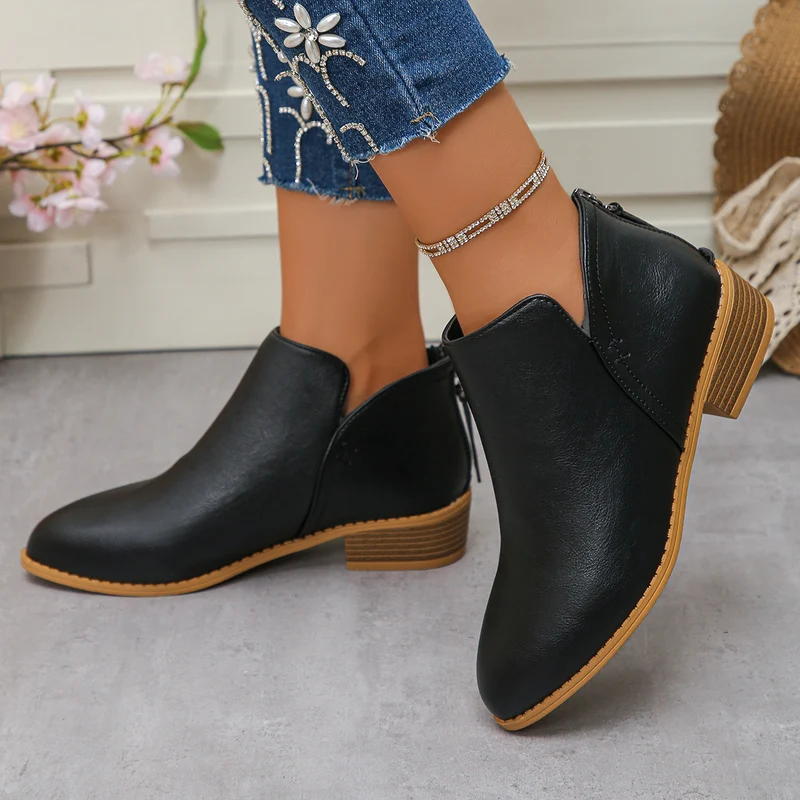 Damen Ankle-Boots mit hinterem Reißverschluss, schlanker Spitze und niedrigem Blockabsatz Drune