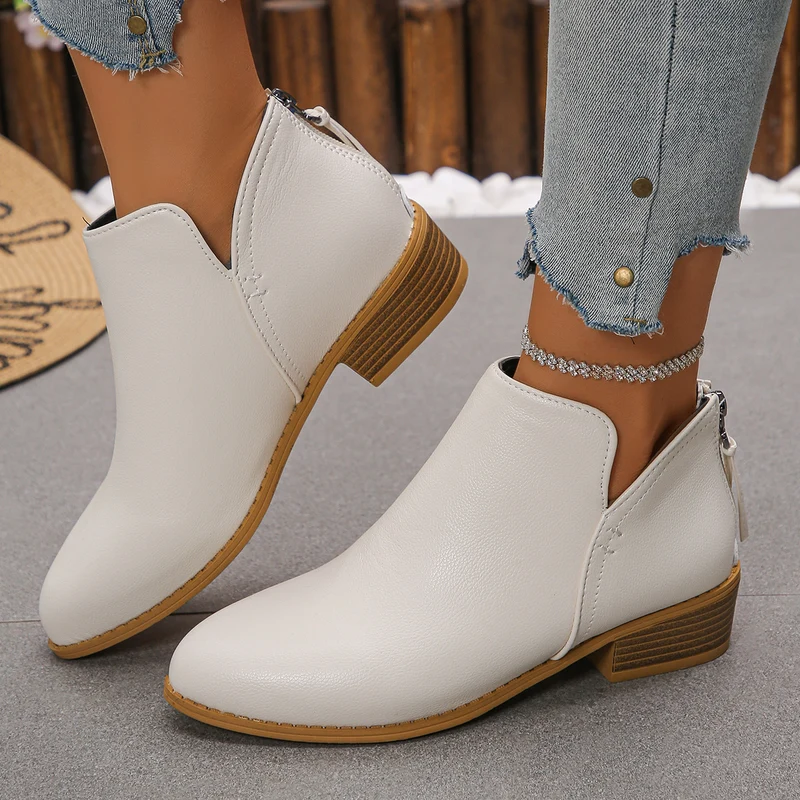 Damen Ankle-Boots mit hinterem Reißverschluss, schlanker Spitze und niedrigem Blockabsatz Drune
