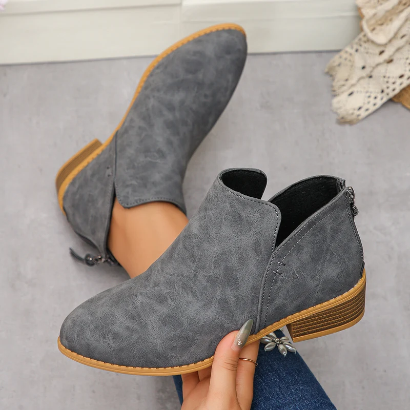 Damen Ankle-Boots mit hinterem Reißverschluss, schlanker Spitze und niedrigem Blockabsatz Drune