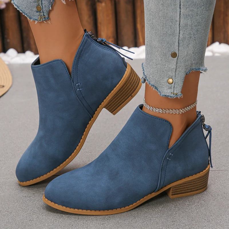 Damen Ankle-Boots mit hinterem Reißverschluss, schlanker Spitze und niedrigem Blockabsatz Drune