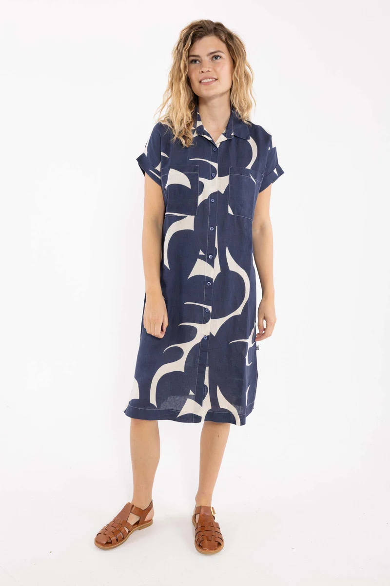 Danerrand Modal Linnen Dress Dark Navy/Chalk TROPS