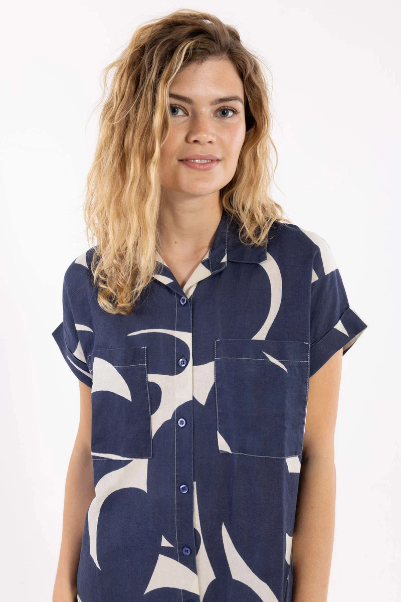 Danerrand Modal Linnen Dress Dark Navy/Chalk TROPS
