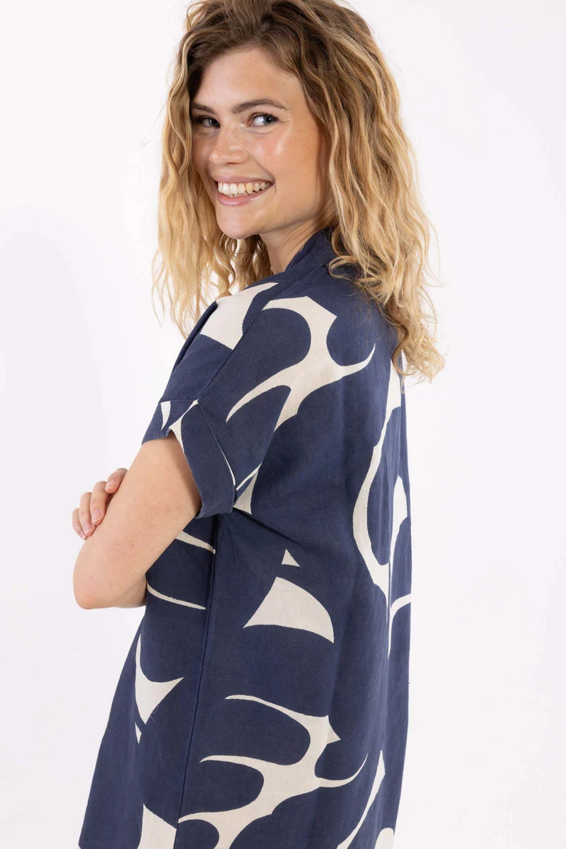 Danerrand Modal Linnen Dress Dark Navy/Chalk TROPS