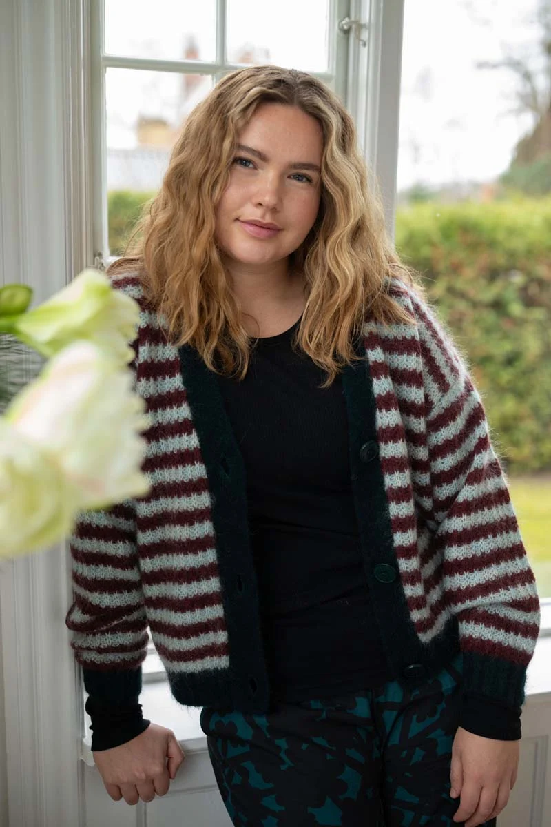 Danefamily Mohair Cardigan Dk Merlot/Lt Blue Grey