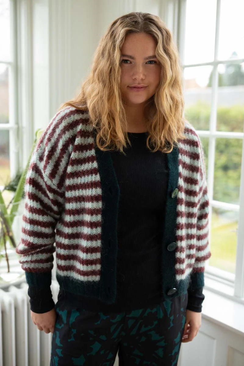 Danefamily Mohair Cardigan Dk Merlot/Lt Blue Grey