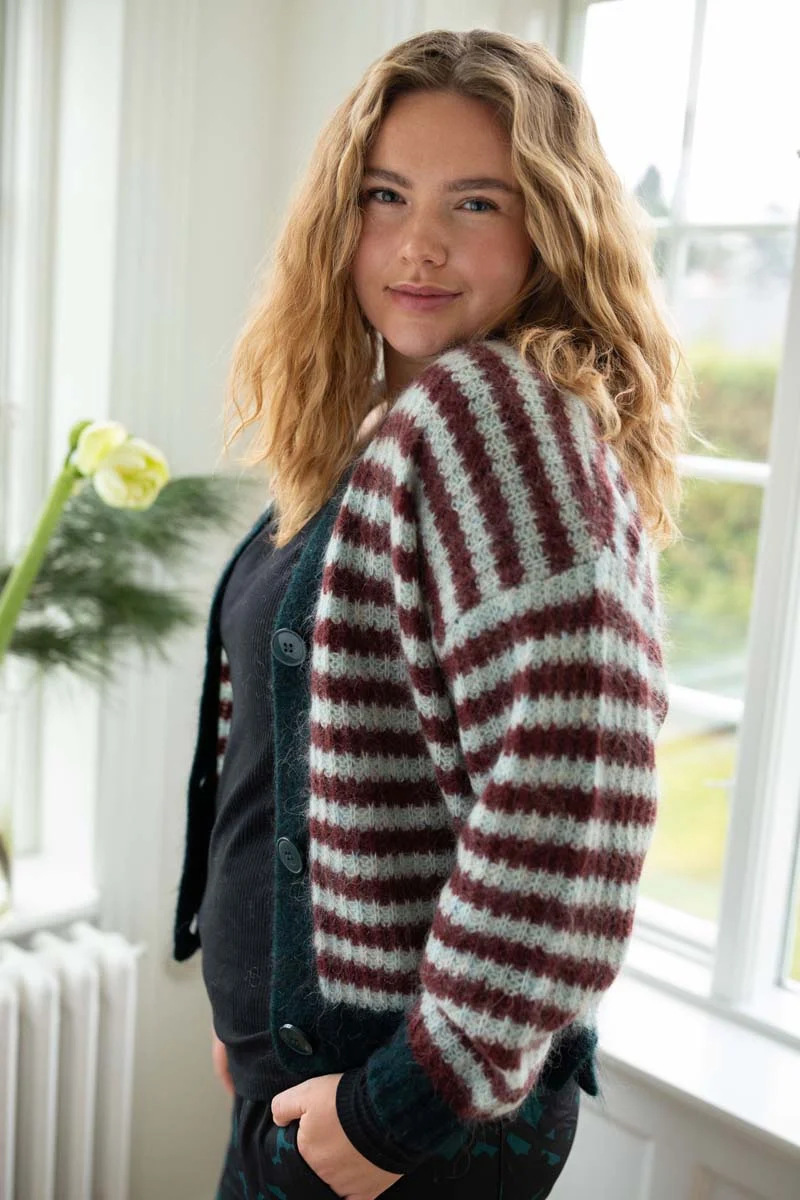 Danefamily Mohair Cardigan Dk Merlot/Lt Blue Grey