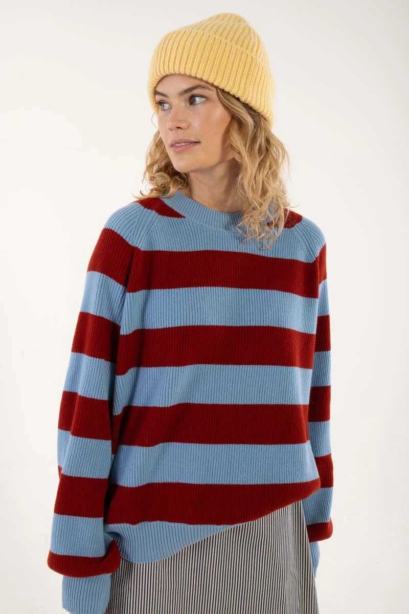 Danerelation Chunky Wool Sweater Dk Brick/Lt Blue Grey
