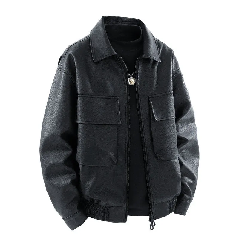 Herren Boxy Kunstleder-Flight-Jacke mit großen Pattenfronttaschen und elastischem Hüftbund Drune