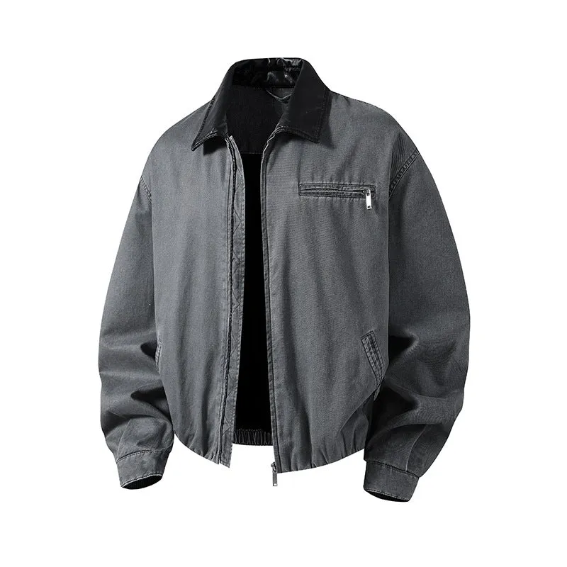 Herren Boxy-Denim-Überhemdjacke mit Lederkragen, Brusttasche mit Reißverschluss & elastischem Saum Drune