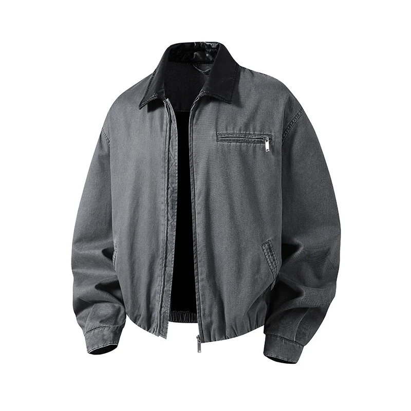 Herren Boxy-Denim-Überhemdjacke mit Lederkragen, Brusttasche mit Reißverschluss & elastischem Saum Drune