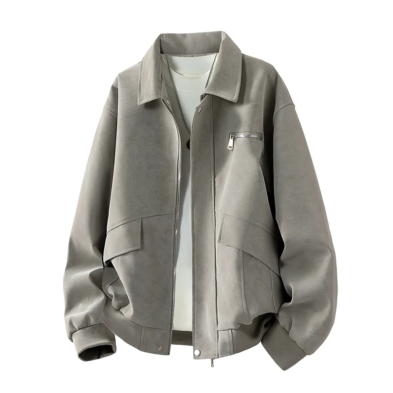 Herren Boxy-Blousonjacke im Veloursleder‑Look mit Brustreißverschluss, Pattentaschen & geripptem Saum Drune