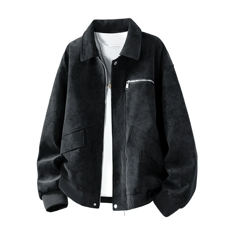 Herren Boxy-Blousonjacke im Veloursleder‑Look mit Brustreißverschluss, Pattentaschen & geripptem Saum Drune