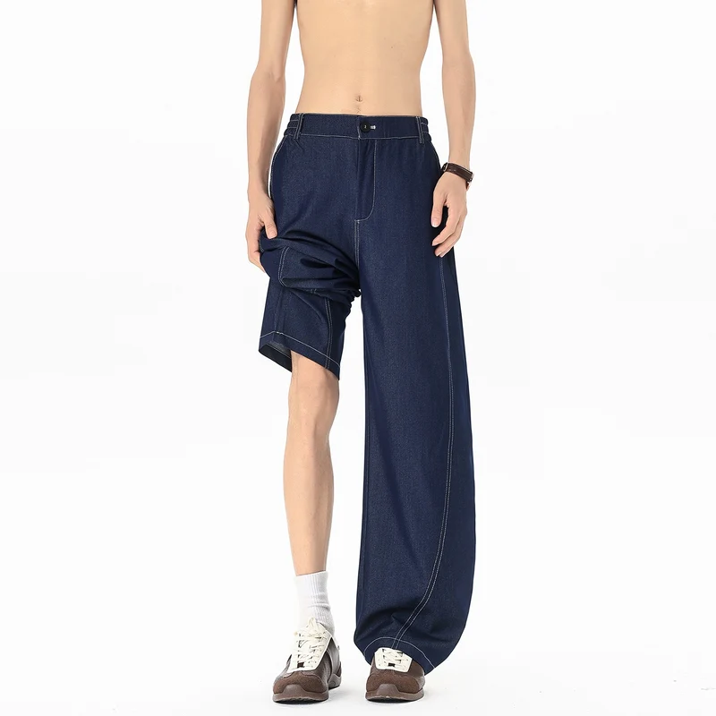 Herren Asymmetrische Zweilagen-Jeanshose mit einer Shorts- und einer Wide‑Leg‑Seite Drune