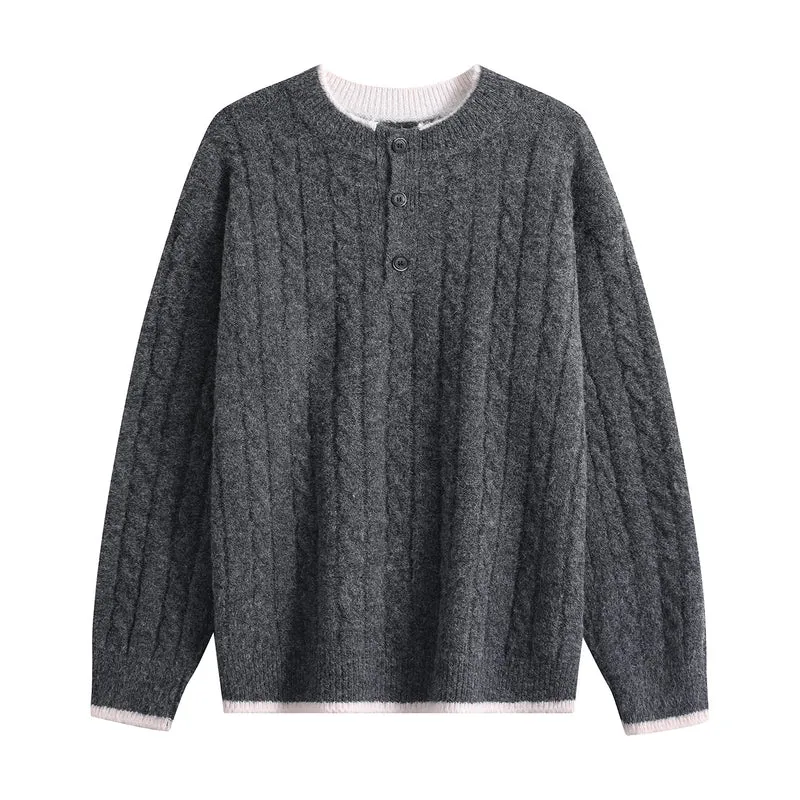 Damen Zopfmuster-Henley-Pullover mit Rundhalsausschnitt & Knopfleiste Drune