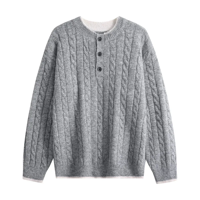 Damen Zopfmuster-Henley-Pullover mit Rundhalsausschnitt & Knopfleiste Drune