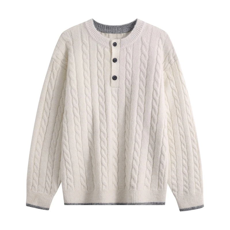Damen Zopfmuster-Henley-Pullover mit Rundhalsausschnitt & Knopfleiste Drune