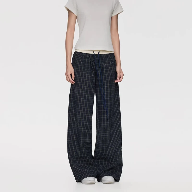 Damen Weite Relaxed-Loungehose mit Tunnelzugbund, Karo-Check & Eingrifftaschen Drune