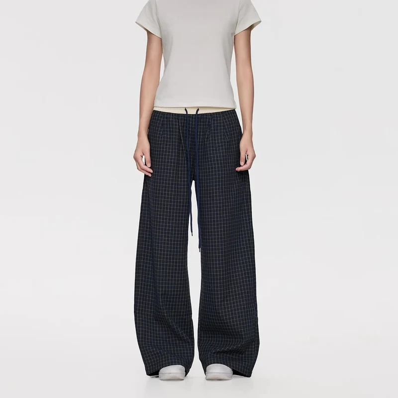 Damen Weite Relaxed-Loungehose mit Tunnelzugbund, Karo-Check & Eingrifftaschen Drune